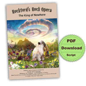 The Script of The King of Nowhere: A Musical Adventure for All Ages, the image shows extinct animals looking for homes on the island of Infinity