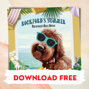 Cover art for the single of Rockford's Summer song, showing Rockford the dog, in sunglasses on a beach.