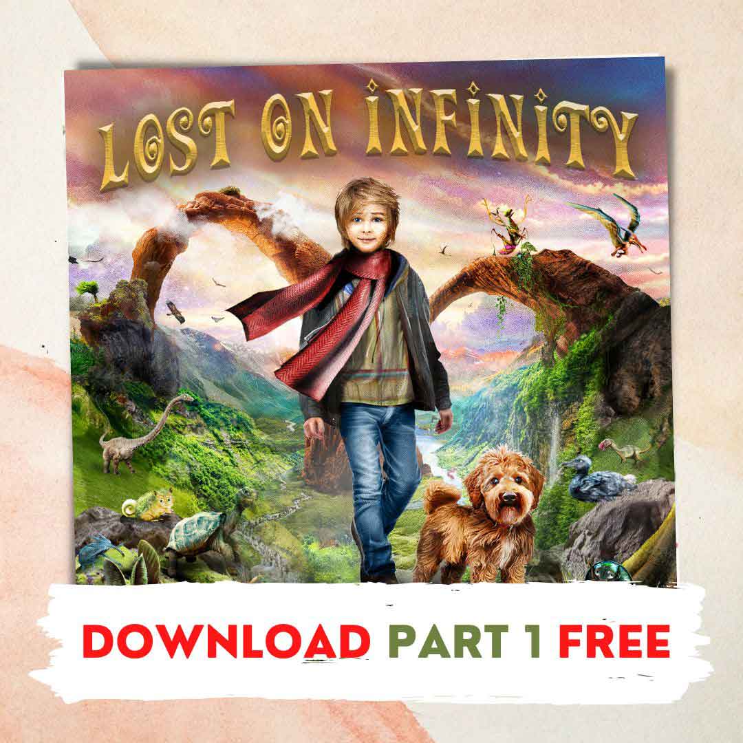 Cover artwork for Lost on Infinity: A Musical Adventure for All Ages, the image shows Moog and his dog on the island of Infinity.