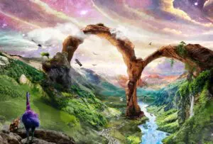 An illustration of the entrance to Infinity Island, where the last one of every extinct animals species waits to be admitted through the great arches. Rockford the dog and the Moa look down at the animals.