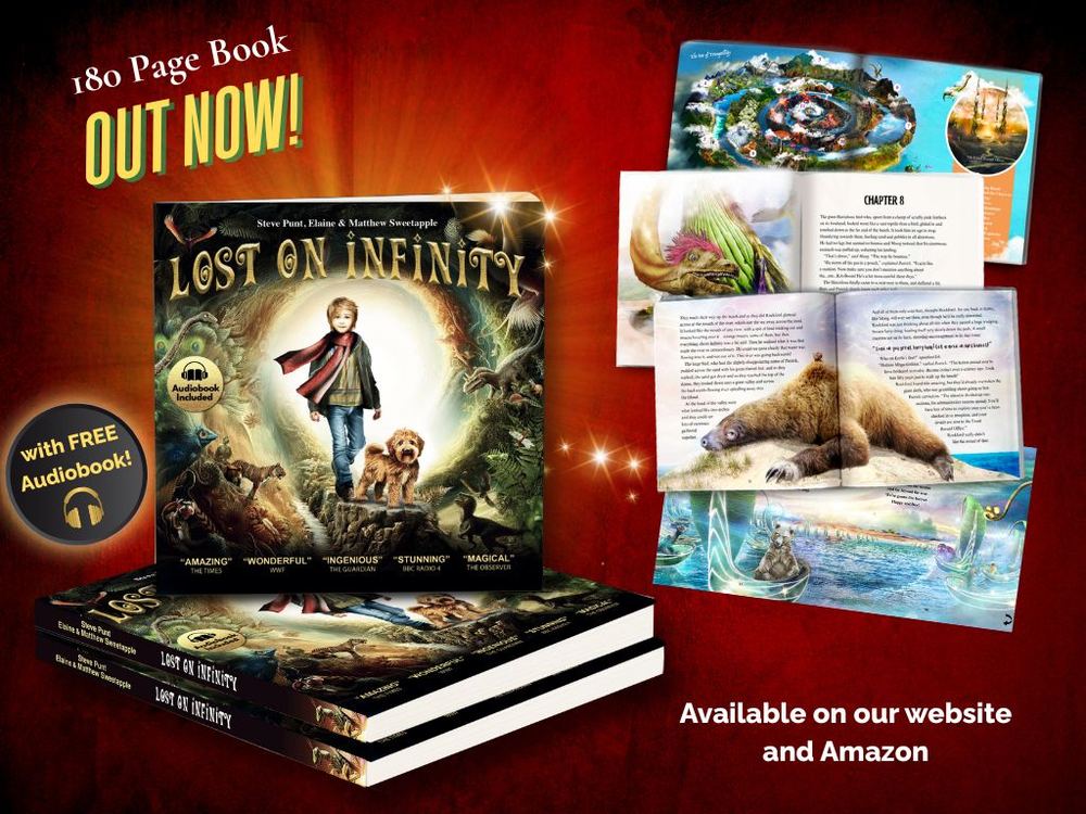 Mobile Banner for the fully illustrated, 180-page book of Lost on Infinity is here. Dive into the adventure and follow along with links to the audiobook for a truly immersive experience.