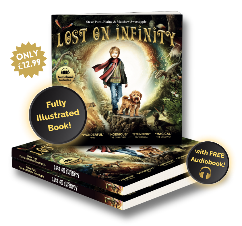 Lost on Infinity illustrated children's book cover with Moog and Rockford