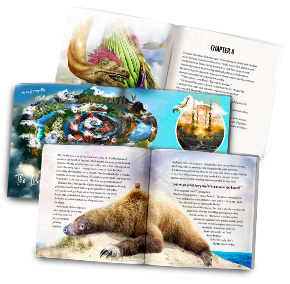 Pages from the fully illustrated, 180-page book of Lost on Infinity, a truly immersive storytelling experience.