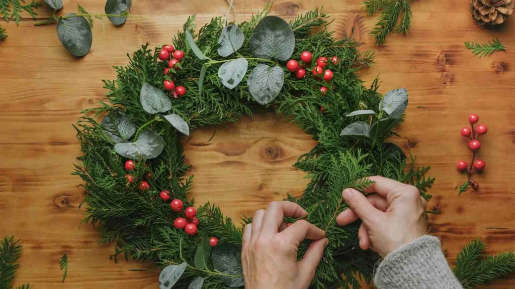Making a Holly wreath for Xmas