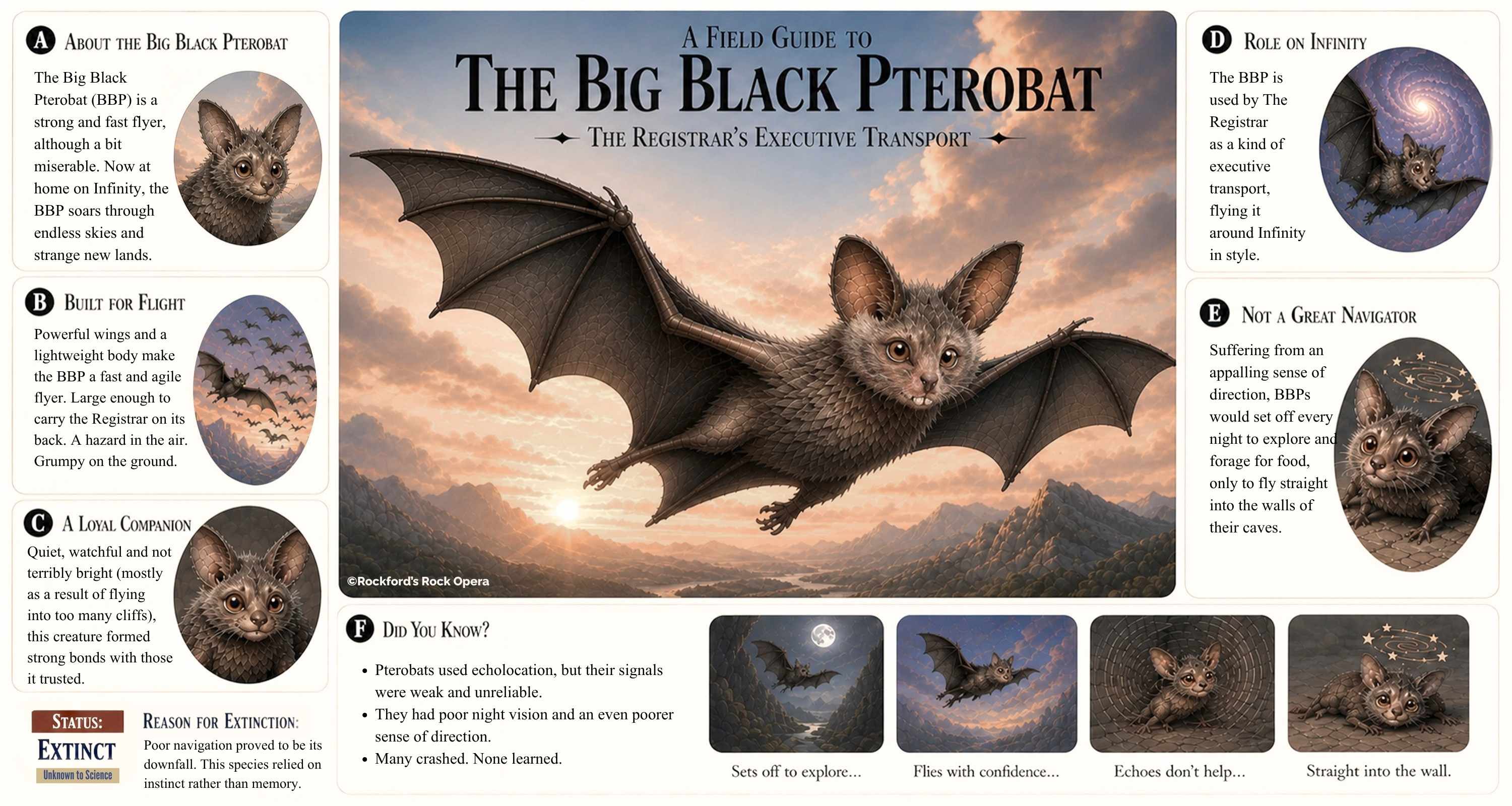 Illustrated portrait of the Big Black Bat from the award winning musical adventure book, Lost on Infinity.
