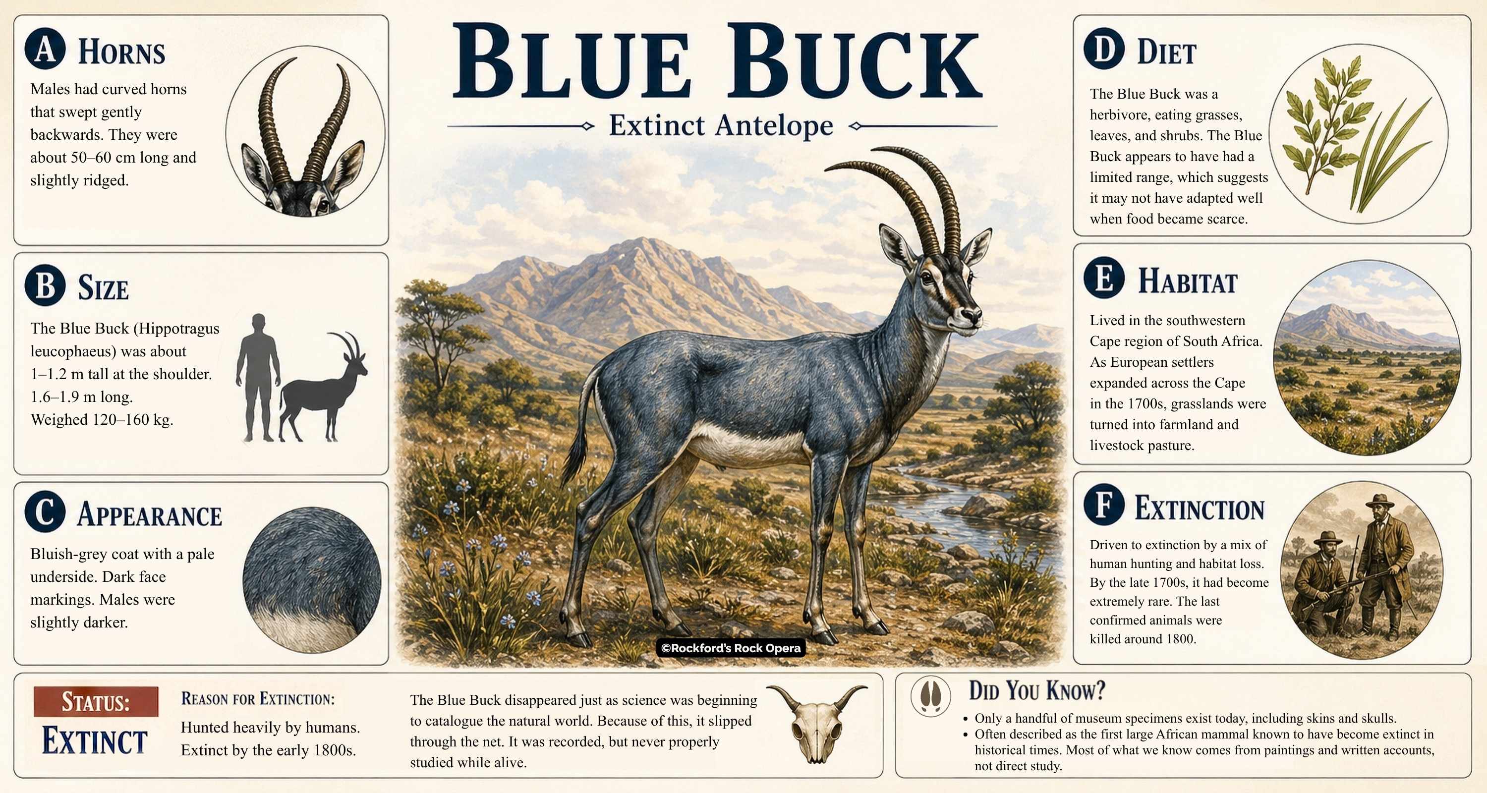Illustrated portrait of the extinct Blue Buck from the award winning musical adventure book, Lost on Infinity.
