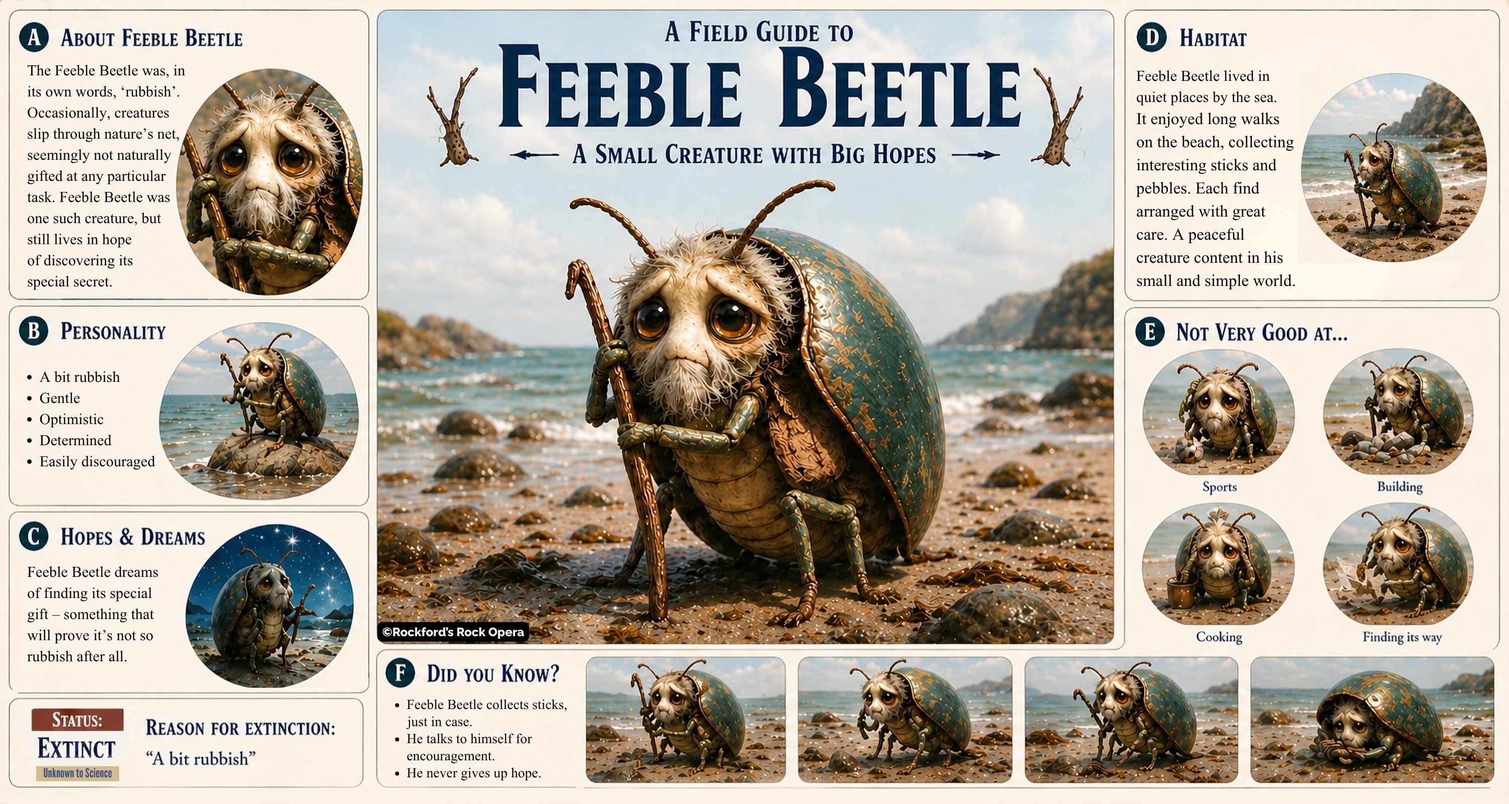 Illustrated portrait of Feeble Beetle from the award winning musical adventure book, Lost on Infinity.