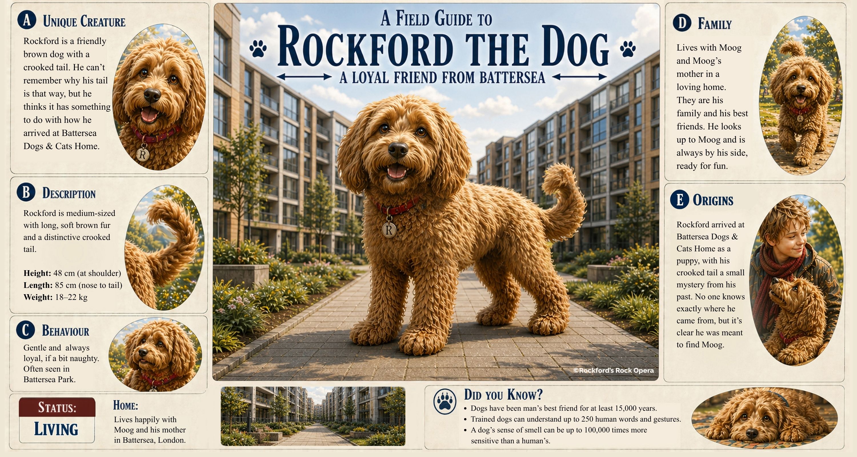 Rockford the Dog, a character from Lost on Infinity, the award-winning audiobook adventure. He is standing in front of his apartment in Battersea, London.