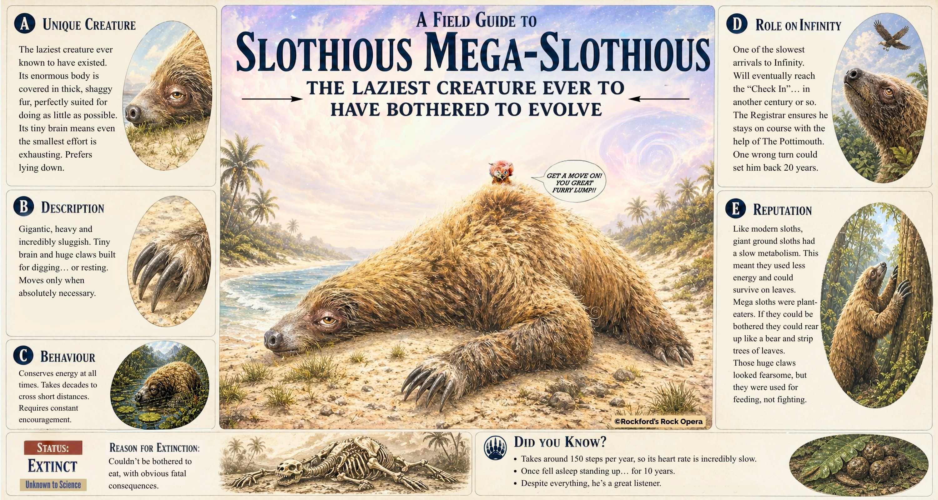 Illustrated portrait of the extinct giant sloth from the award winning musical adventure book, Lost on Infinity.